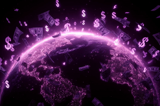 Глобус с долларом и купюрами в фиолетовых тонах